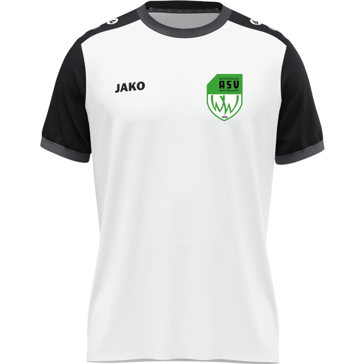 JAKO Kinder Trikot Dynamic mit Kontrasteinfassung 4270K – ASV-Wappen herzseitig Weiß/Schwarz Vorderseite