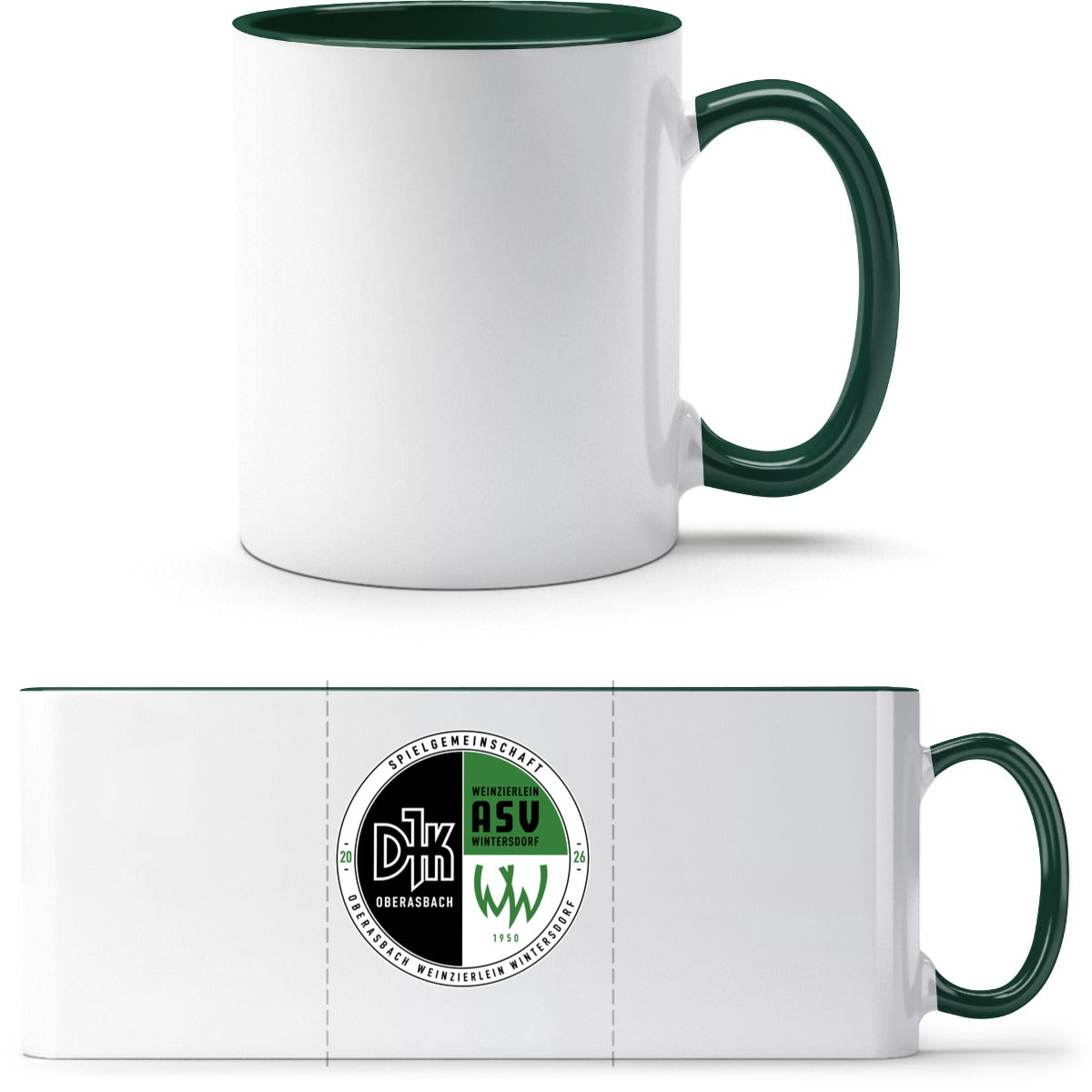 Q9061 Tasse – Vereinslogo mittig groß White/Petrol Vorderseite