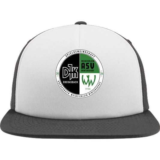 Flexfit Trucker Cap mit weißem Schwammfrontpanel FX6005FW – Neues Design Black/Black Vorderseite