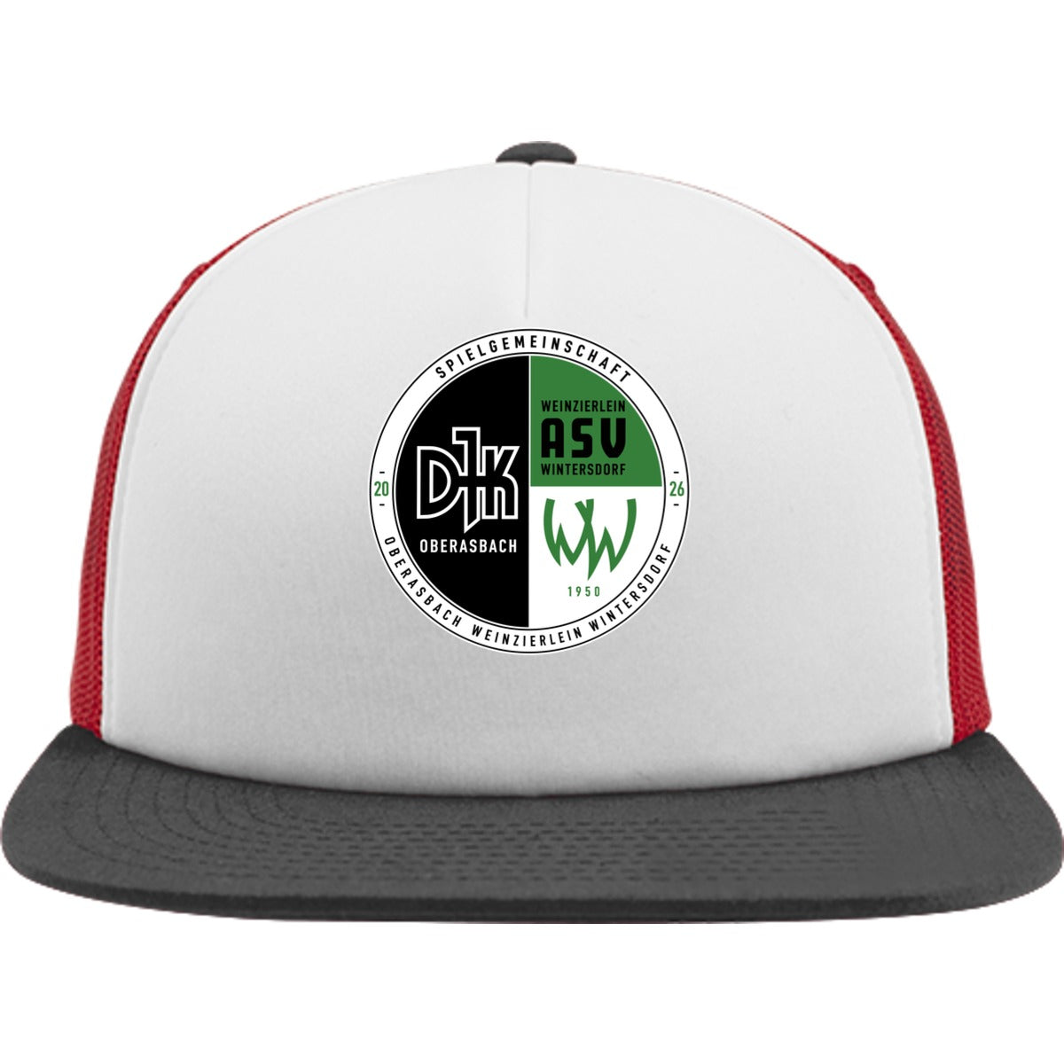 Flexfit Trucker Cap mit weißem Schwammfrontpanel FX6005FW – Neues Design Black/Red Vorderseite