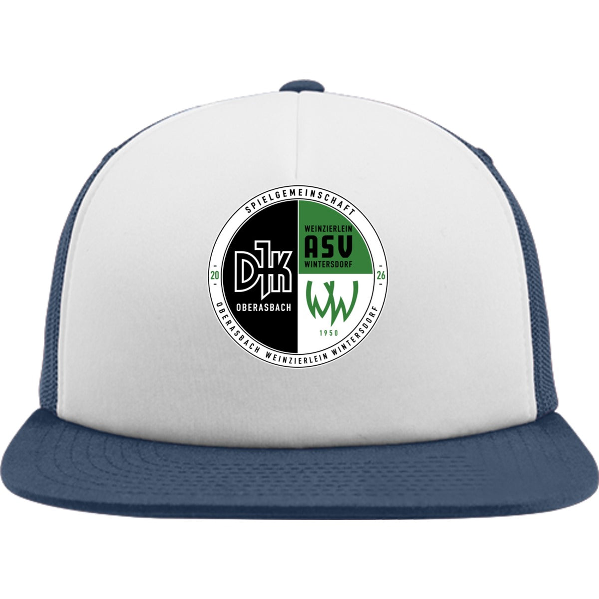 Flexfit Trucker Cap mit weißem Schwammfrontpanel FX6005FW – Neues Design Navy/Navy Vorderseite