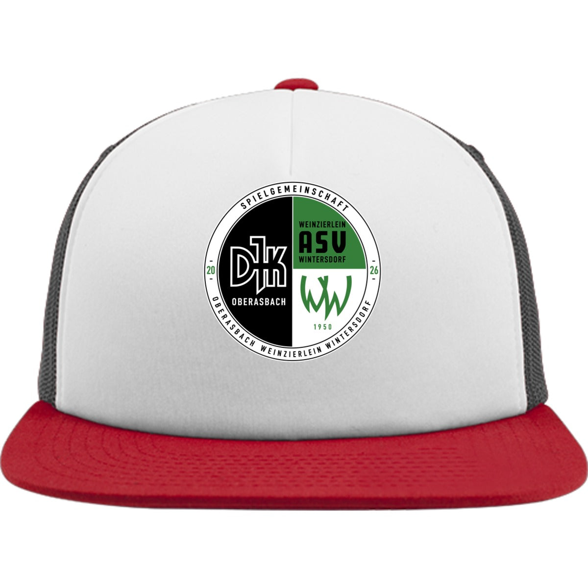 Flexfit Trucker Cap mit weißem Schwammfrontpanel FX6005FW – Neues Design Red/Black Vorderseite