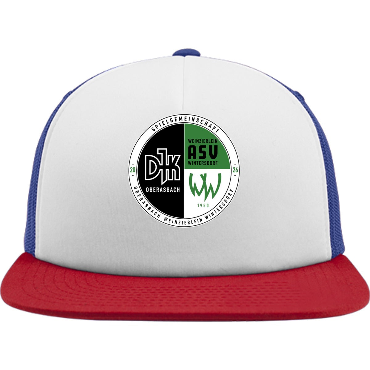 Flexfit Trucker Cap mit weißem Schwammfrontpanel FX6005FW – Neues Design Red/Royal Vorderseite
